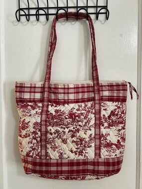 Quilted Red Toile Tote Bag - Classic Women's Shoulder Bag
